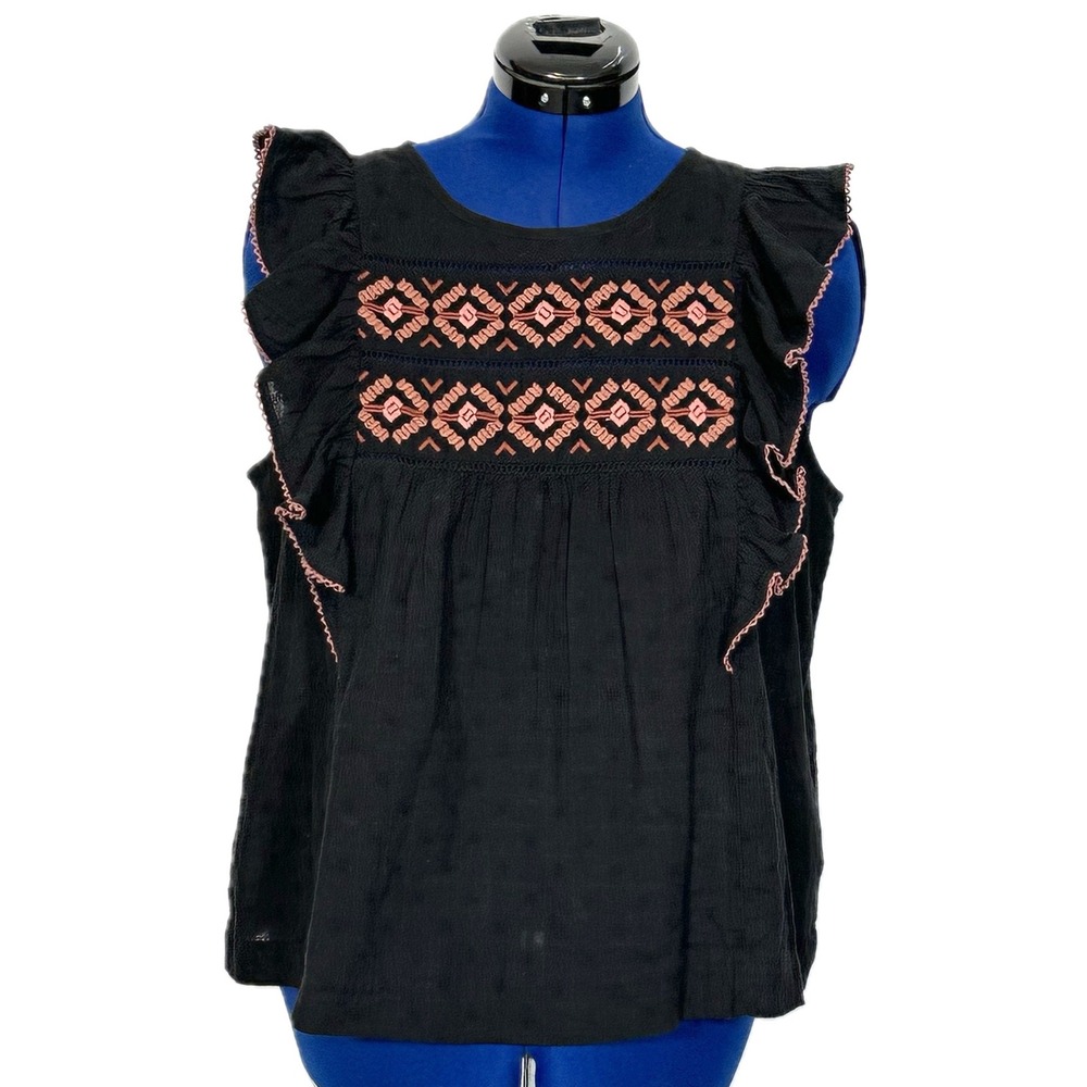 Madewell Top Embroidered Ruffle Sleeve‎ Size Large Black Boho Peasant Dobby Dot